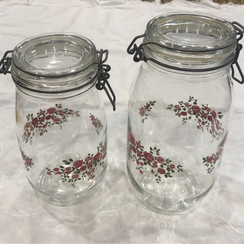 Vintage Arc France Pink Rose canisters 80's Glass Storage Jars with Lids